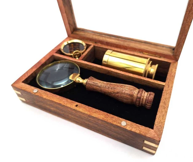 Zestaw Podróżnika Lupa Kompas Luneta w Drewnianym Pudełku Prezent  (2).jpg