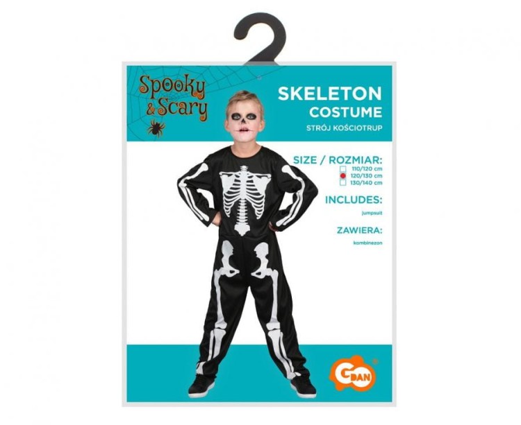 Strój Kościotrupa Dla Dzieci 120/130cm Czarno-biały Kombinezon na Halloween