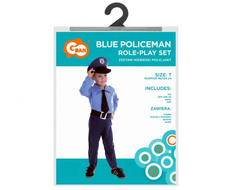 Strój Niebieski Policjant dla dzieci 92/104 cm – Kostium z czapką i paskiem