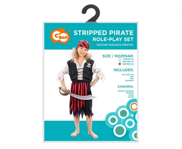 Strój Pasiasta Piratka dla Dziewczynki – Bluzka, Spódnica, Pasek, Chusta