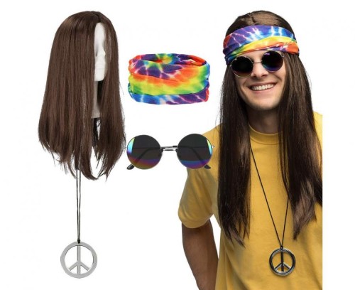 Przebranie Hipisa Hippie John – Zestaw Retro z Opaską, Peruką i Okularami