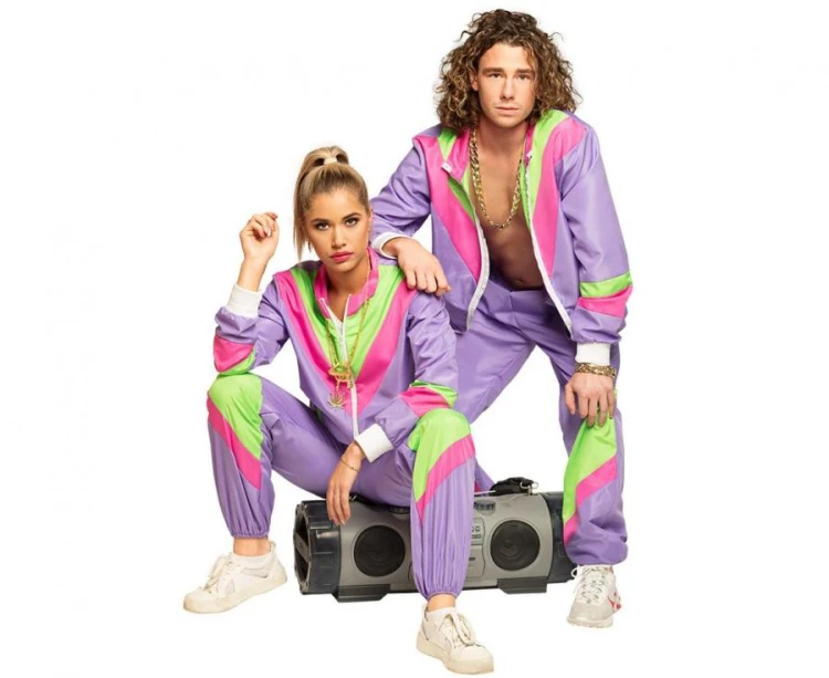 Dres Męski Retro XL – Neonowy Lawendowy Kostium z Opaską