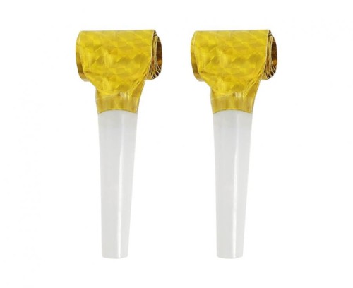 Złote trąbki holograficzne 100 szt. – imprezowy hit w błysku