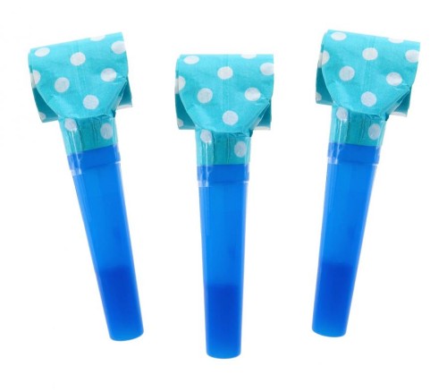 Gwizdki papierowe błękitne w groszki – 100 sztuk, dekoracja imprezowa