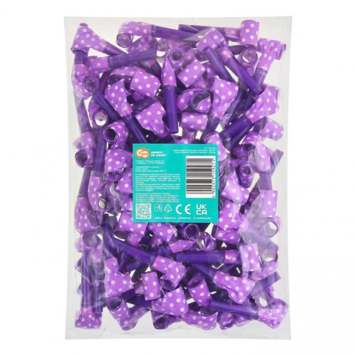 Gwizdki papierowe lawendowe w groszki – 100 sztuk, dekoracja imprezowa