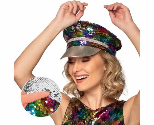 Czapka Rainbow Tęczowa / Srebrna z cekinami – uniwersalna, 1 szt.