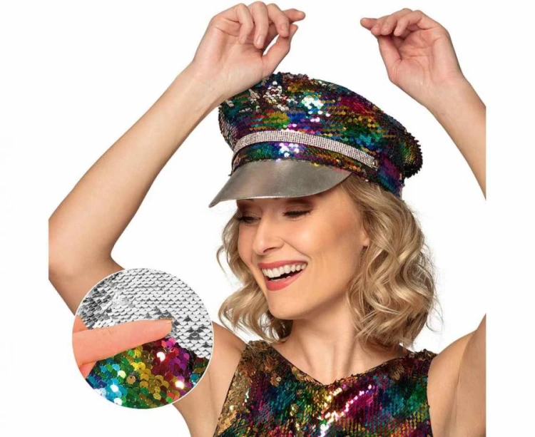 Czapka Rainbow Tęczowa / Srebrna z cekinami – uniwersalna, 1 szt.