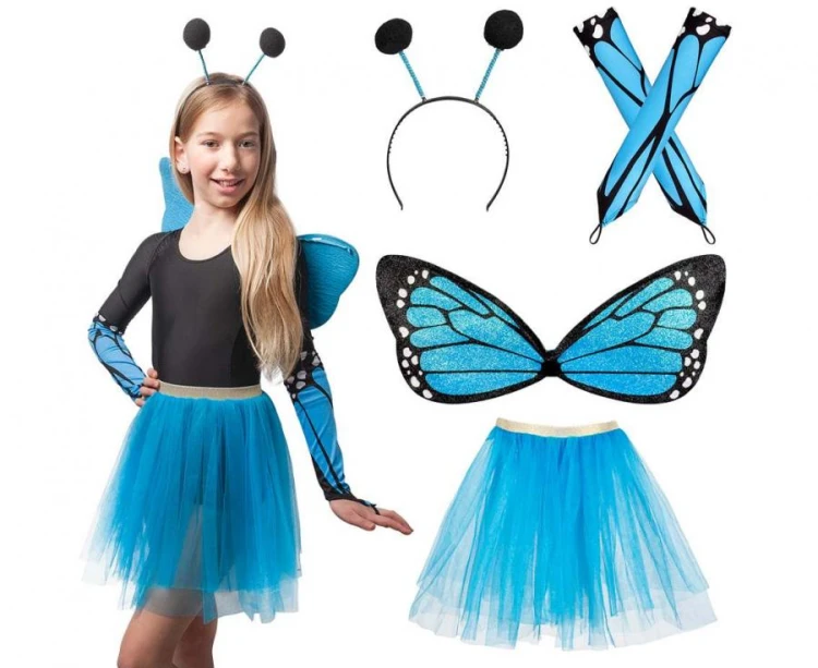 Zestaw dla dzieci Motyl – skrzydła, tutu, opaska i rękawiczki, niebieski