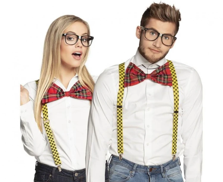 Zestaw KUJONA – okulary, muszka w kratę, żółte szelki