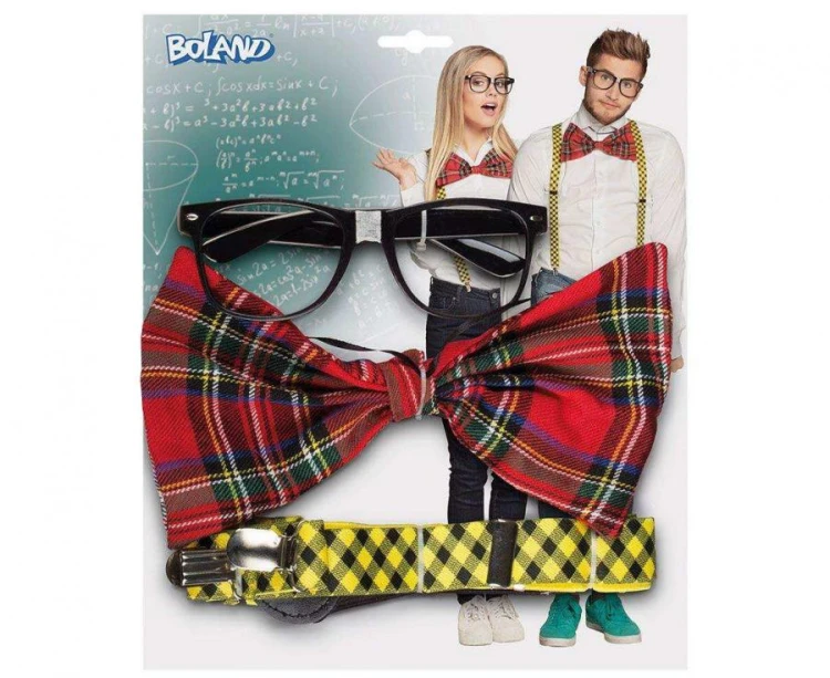 Zestaw KUJONA – okulary, muszka w kratę, żółte szelki