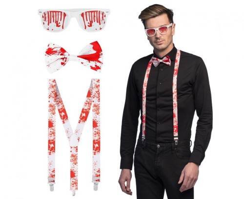 Zestaw Bloody Psycho – okulary, muszka i szelki z efektem krwi