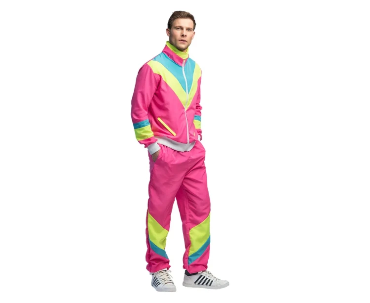 Neonowy dres retro różowy – komplet L (bluza, spodnie, bandana)
