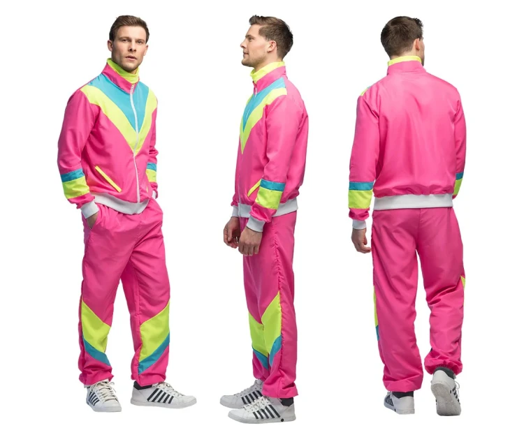 Neonowy dres retro różowy – komplet L (bluza, spodnie, bandana)