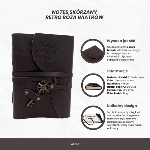 Notes skórzany retro – Róża Wiatrów, 200 stron, styl marynistyczny  (2).jpg