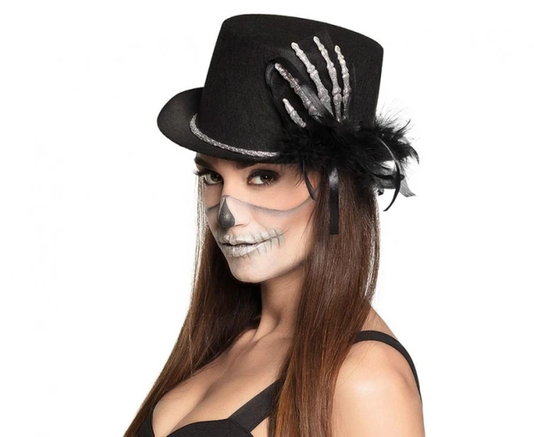 Kapelusz Halloween z Dłonią Kościotrupa – Czarny z Brokatem