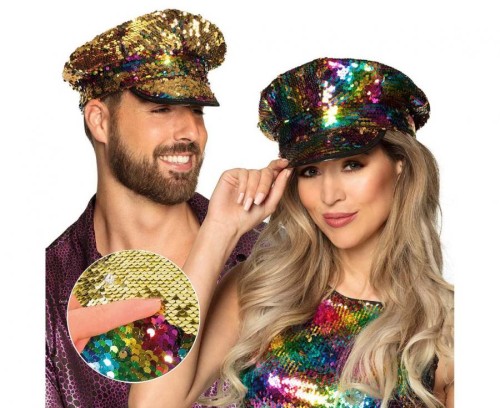 Czapka dla dorosłych z cekinami – tęczowo-złota, uniwersalny rozmiar