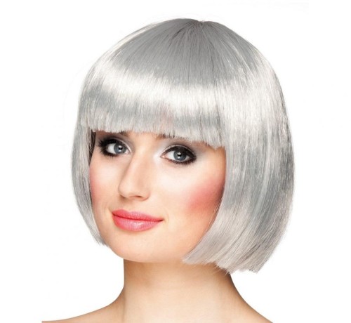 Peruka Cabaret srebrzysto-siwa – krótki bob z grzywką, 27 cm