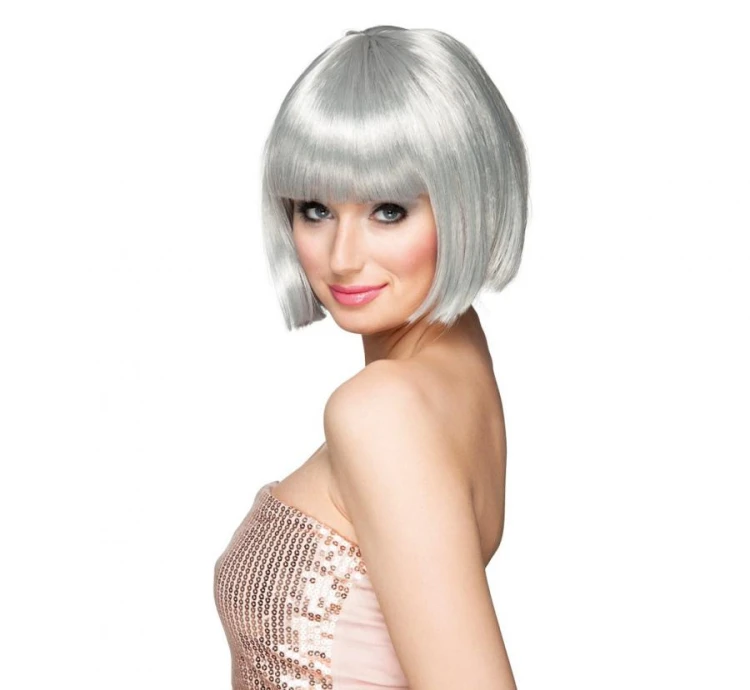 Peruka Cabaret srebrzysto-siwa – krótki bob z grzywką, 27 cm