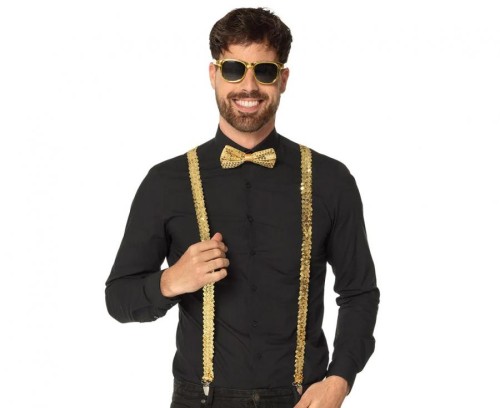 Złoty Zestaw Imprezowy dla Mężczyzny – Szelki, Muszka, Okulary