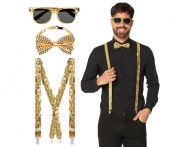 Złoty Zestaw Imprezowy dla Mężczyzny – Szelki, Muszka, Okulary