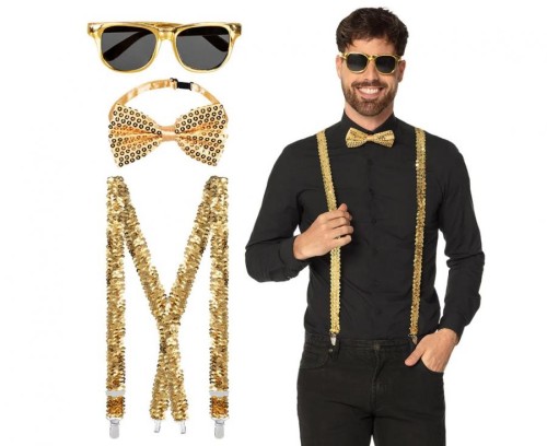 Złoty Zestaw Imprezowy dla Mężczyzny – Szelki, Muszka, Okulary