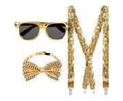 Złoty Zestaw Imprezowy dla Mężczyzny – Szelki, Muszka, Okulary