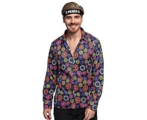 Koszula hippie flower power L – kolorowy strój retro z długim rękawem
