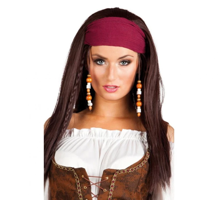 Peruka piratka Trinity z bandamką – brązowe włosy 56 cm