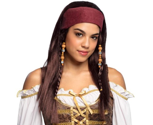 Peruka piratka Trinity z bandamką – brązowe włosy 56 cm