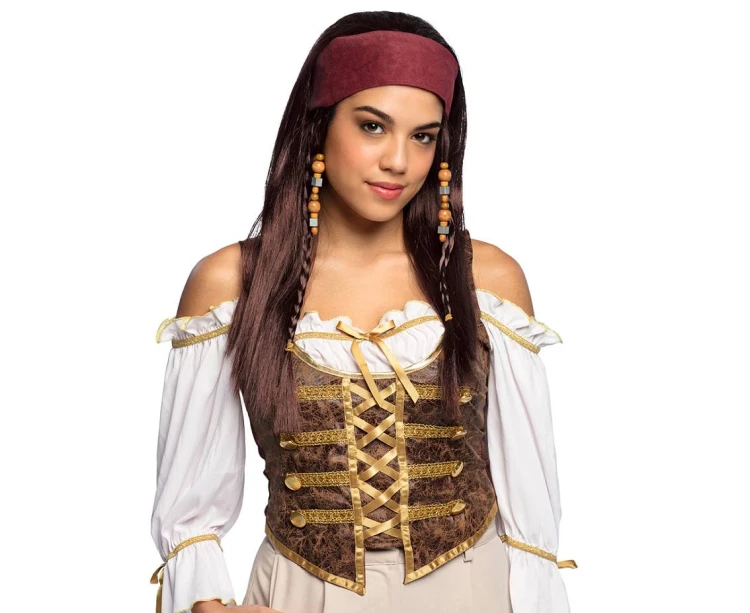 Peruka piratka Trinity z bandamką – brązowe włosy 56 cm