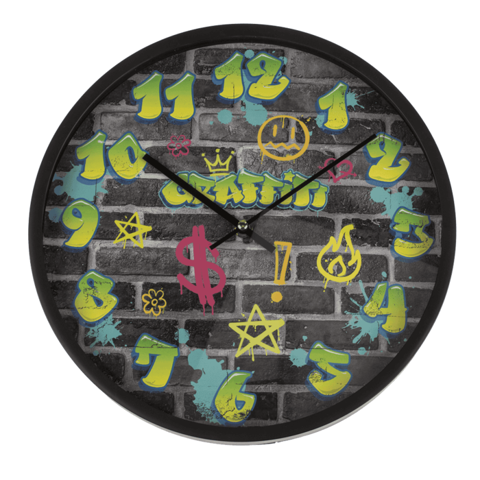 Zegar Ścienny Graffiti – Kolorowy, Miejski Design do Pokoju i Baru  (2).png