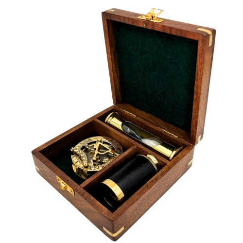 Zestaw Retro 3w1 Kompas, Luneta, Klepsydra w Drewnianym Pudełku  (1).jpg