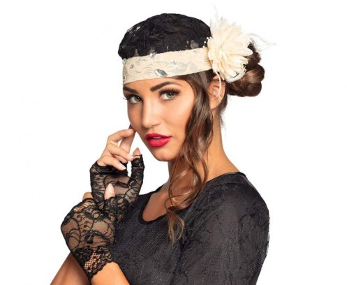 Zestaw Charleston lata 20-te – czapka i rękawiczki, kremowy