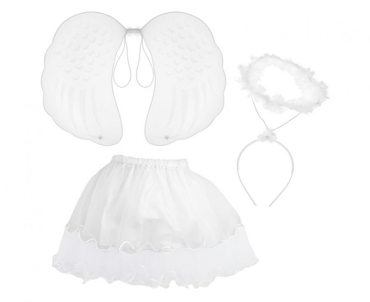 Strój aniołka dla dzieci – spódniczka, skrzydła, aureolka, biały
