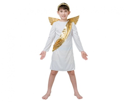 Strój Anioła dla chłopca 110/120 cm – szata, skrzydła, opaska złote akcenty