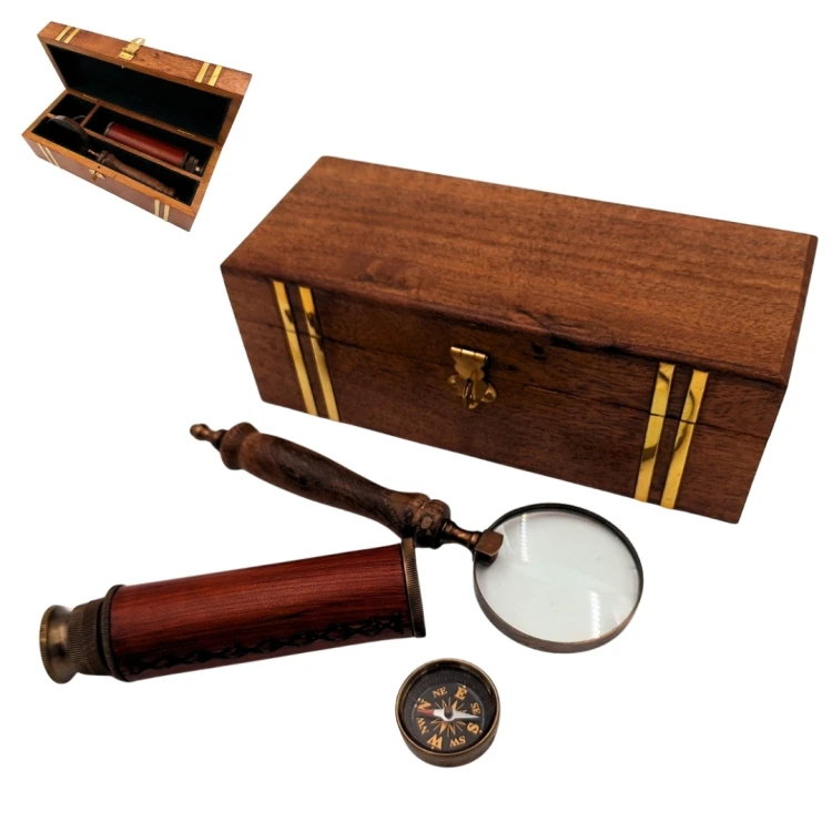 Zestaw Retro Podróżnika – Luneta, Kompas i Lupa w Drewnianym Pudełku  (1).jpg