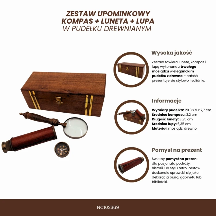 Zestaw Retro Podróżnika – Luneta, Kompas i Lupa w Drewnianym Pudełku  (3).jpg
