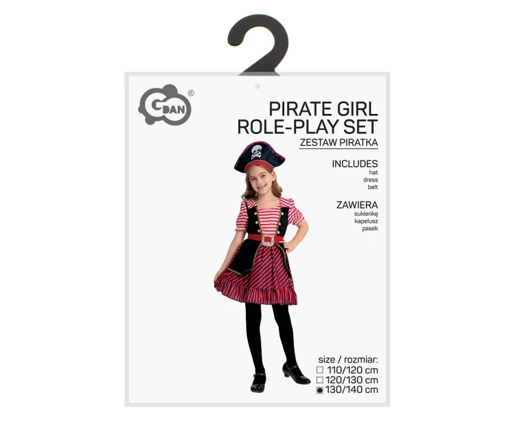 Strój Piratki dla Dziewczynki 130/140 cm – Sukienka, Kapelusz, Pasek