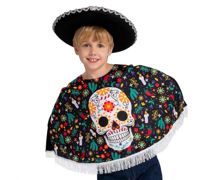 Strój Dia de los Muertos dla dzieci 110/120 cm – ponczo i kapelusz