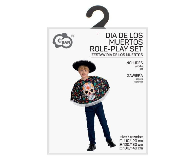 Strój Dia de los Muertos dla dzieci 120/130 cm – ponczo i kapelusz