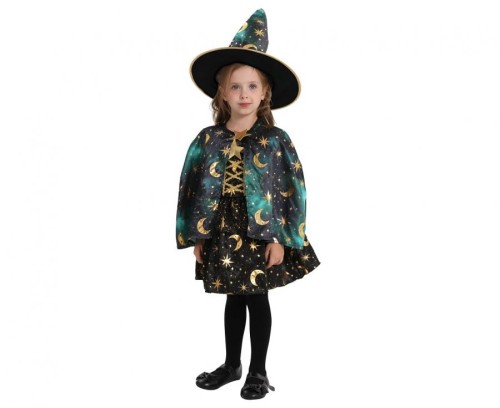 Strój zielonej czarodziejki dla dzieci 92/104 cm – peleryna i kapelusz