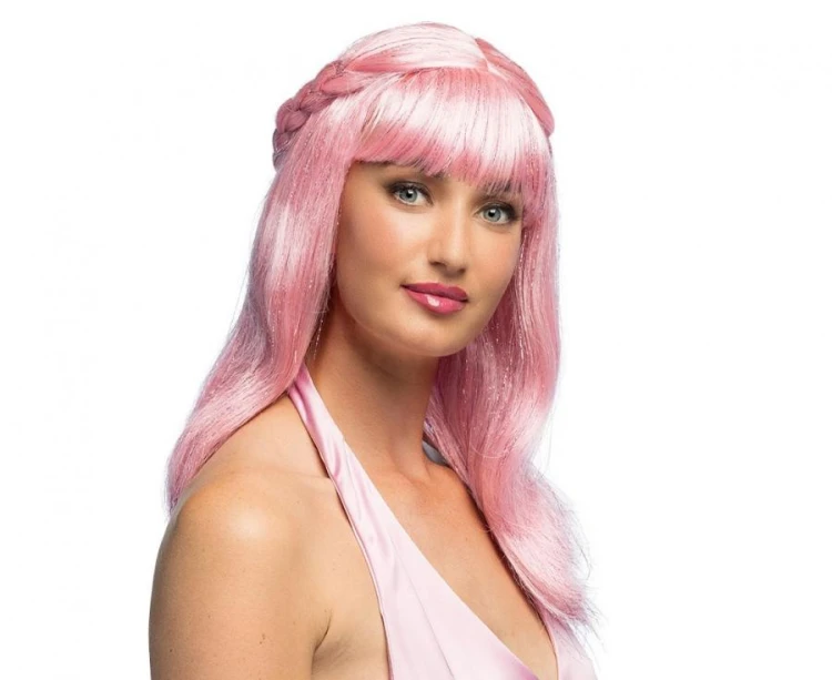 Peruka Pink Sweety – różowa długa peruka z grzywką i warkoczem