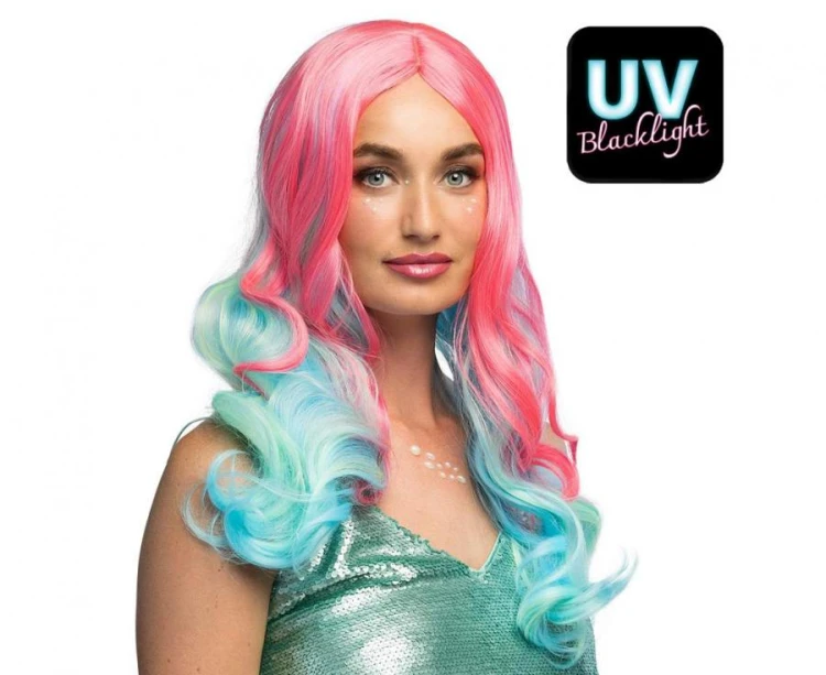 Peruka Nixie różowo-turkusowa z lokami – świecąca UV peruka