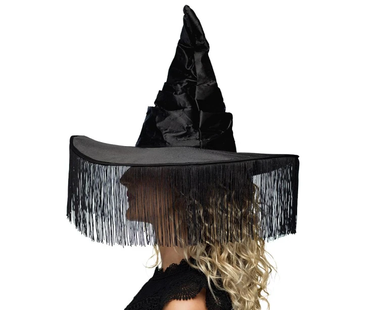 Kapelusz Czarownicy z frędzlami – czarny dodatek na Halloween i cosplay