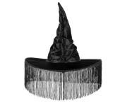 Kapelusz Czarownicy z frędzlami – czarny dodatek na Halloween i cosplay