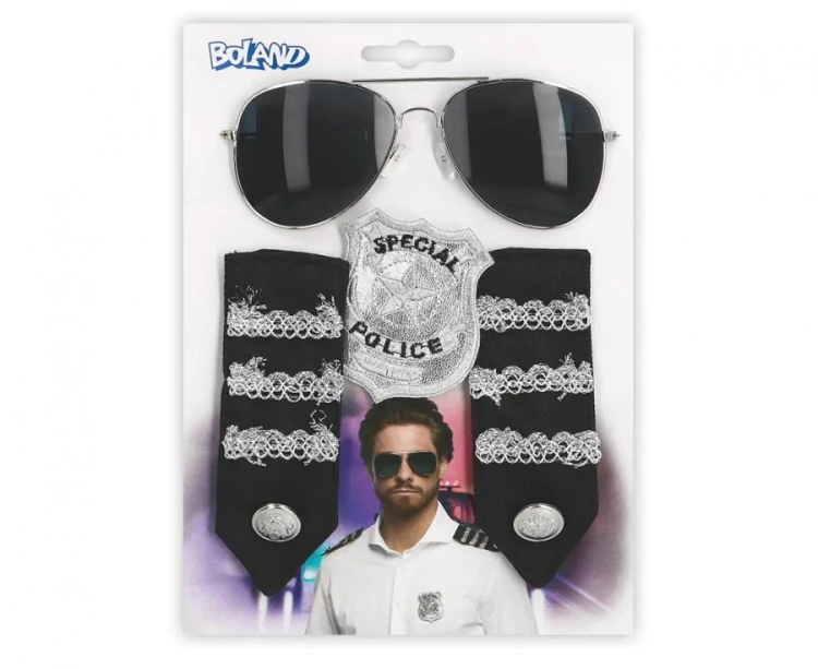Zestaw dla dorosłych Policjant – okulary, odznaka i pagony, uniwersalny