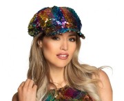 Czapka z daszkiem cekiny tęczowe/srebrne – uniwersalna, imprezowa
