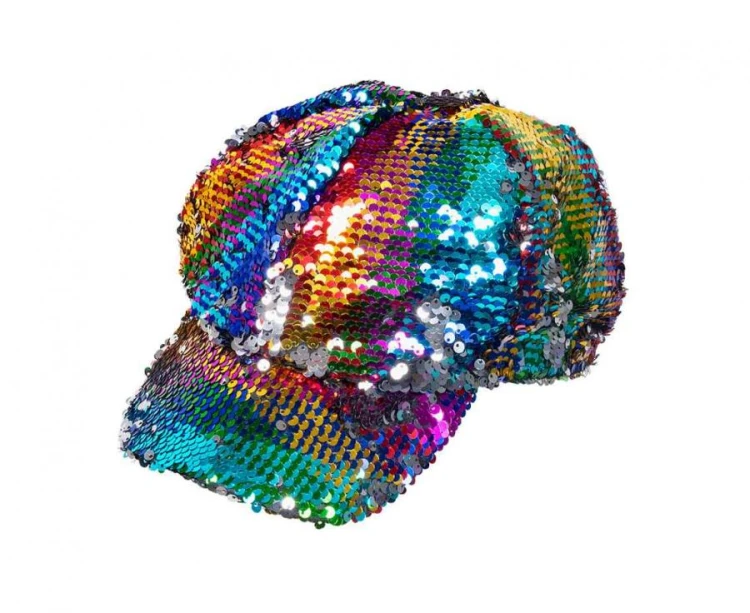 Czapka z daszkiem cekiny tęczowe/srebrne – uniwersalna, imprezowa