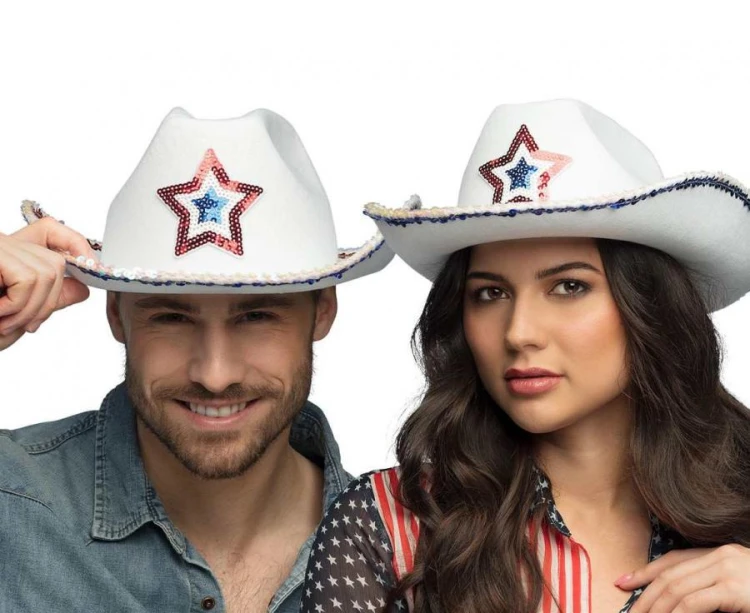 Kapelusz kowboja Rodeo USA – biały z gwiazdą, czerwono-niebieski, plastikowy