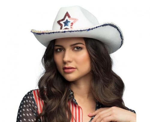 Kapelusz kowboja Rodeo USA – biały z gwiazdą, czerwono-niebieski, plastikowy